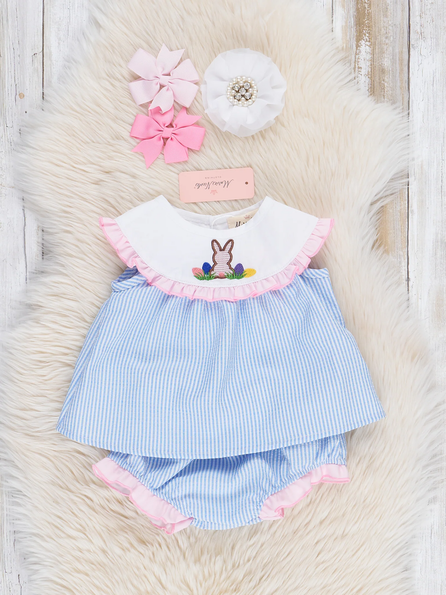 Blue Stripe Embroidered Bummie Set